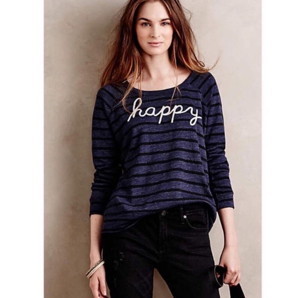 Anthropologie Sundry Happy Stripe Sweatshirt Navy Blue Embroidered